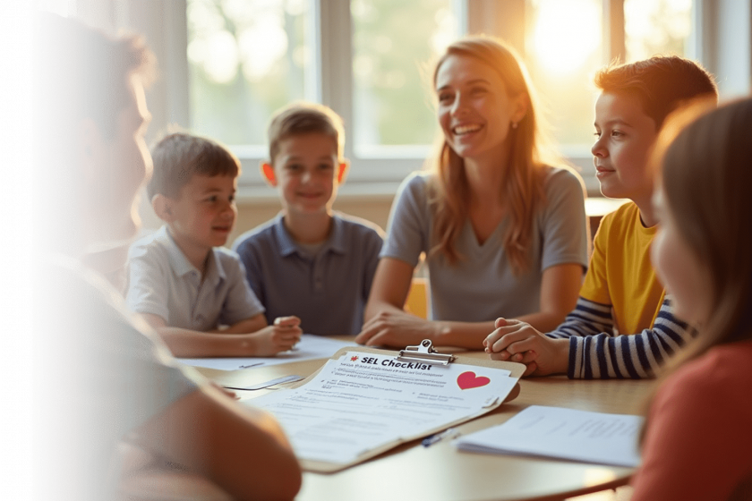 A group of children sits around a table with a smiling woman. They focus on a paper titled "SEL Checklist." Sunlight filters through the window.