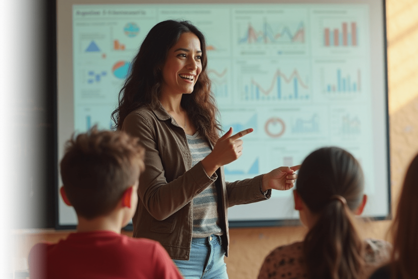 A teacher is engaging with students in a classroom, pointing at the board. The board displays various charts and graphs.