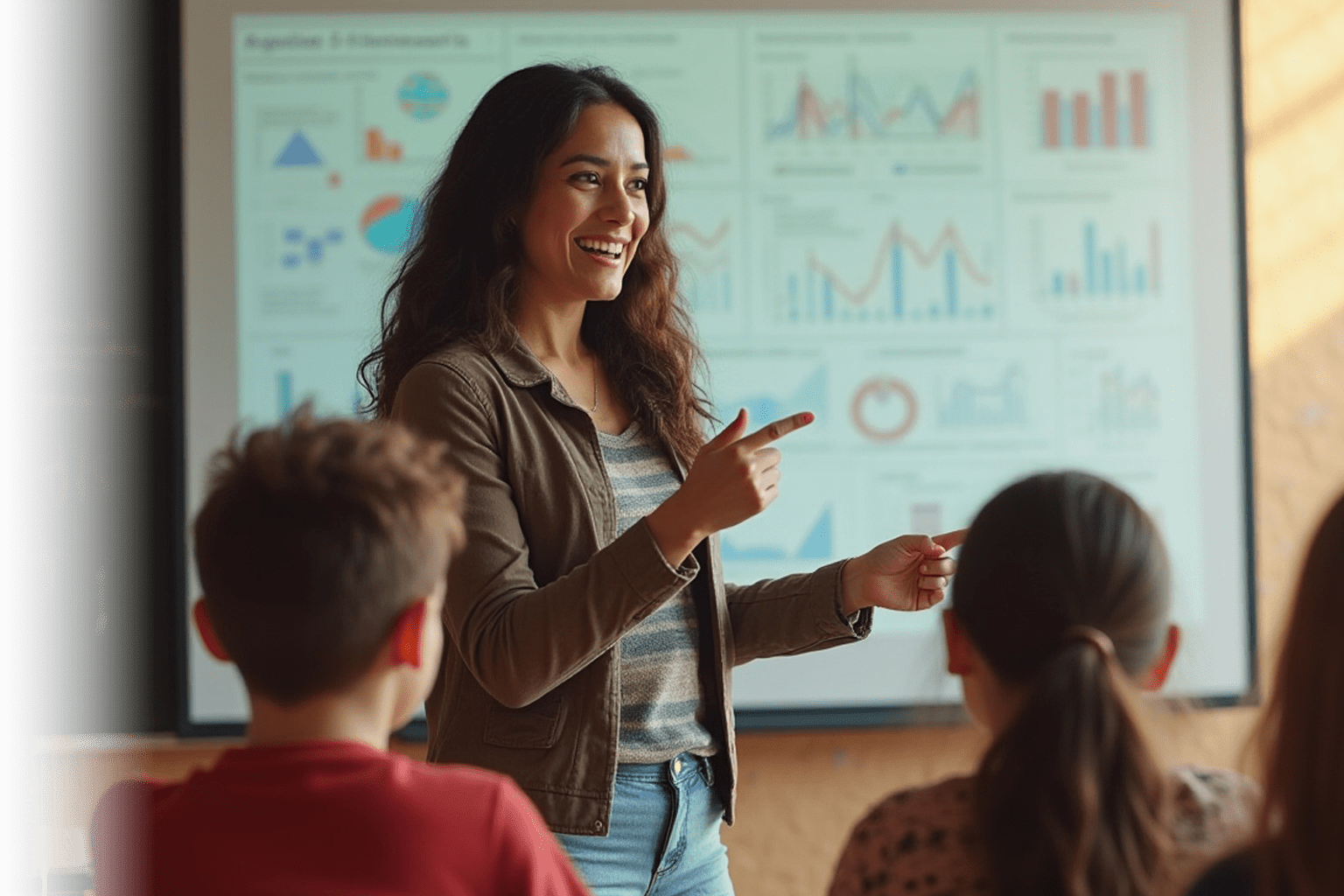 A teacher is engaging with students in a classroom, pointing at the board. The board displays various charts and graphs.