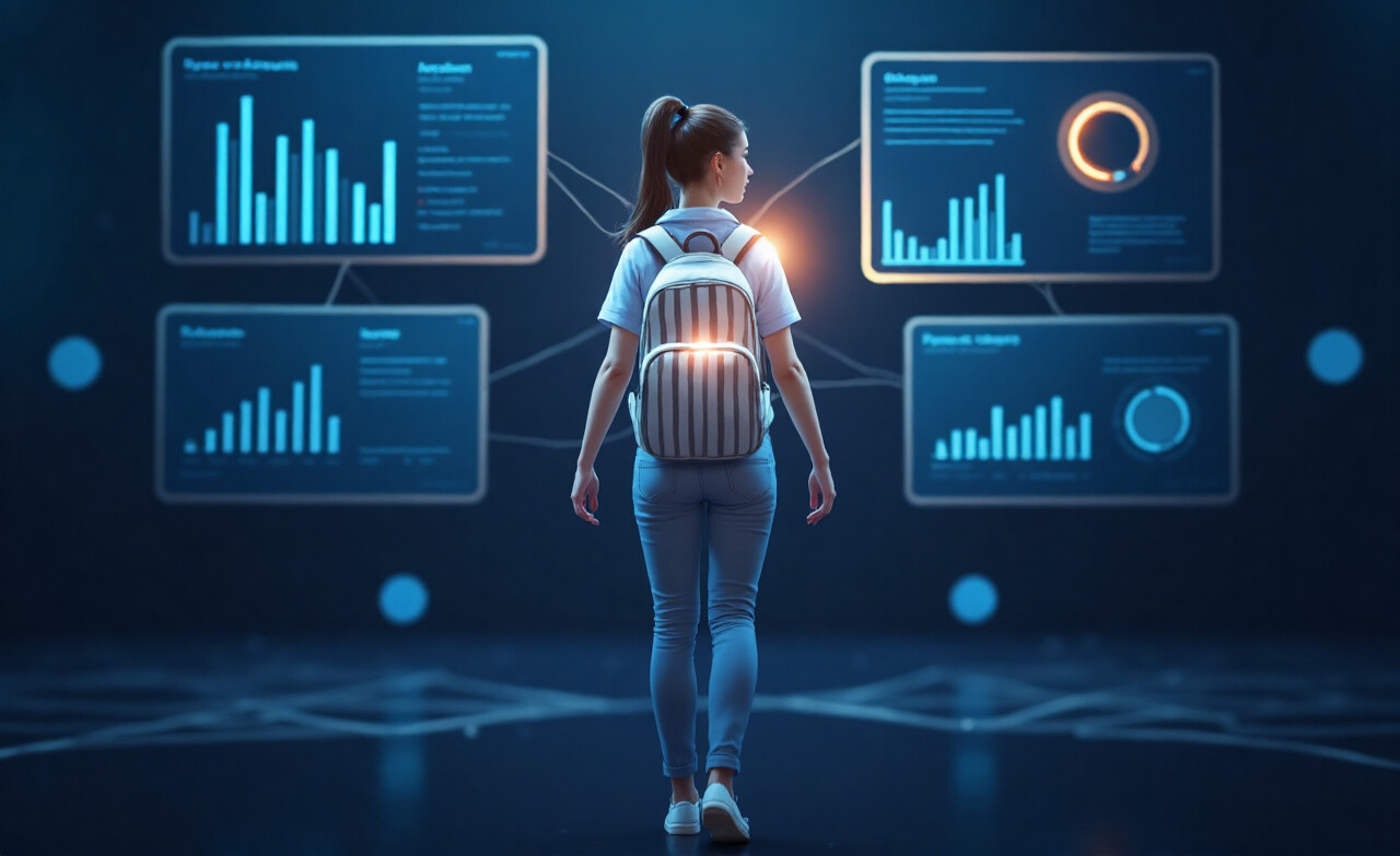 A person with a striped backpack stands in front of glowing digital graphs and charts on screens, in a dark, futuristic room.