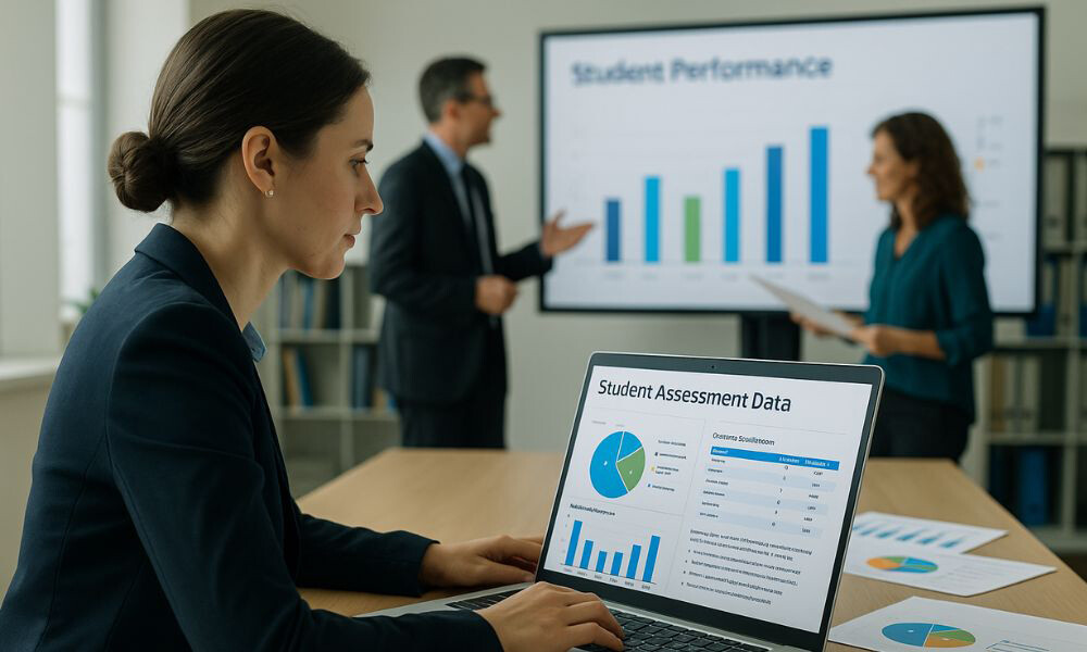 Educator analyzing student assessment data on a laptop with charts and graphs, while colleagues discuss student performance results on a large screen in the background.