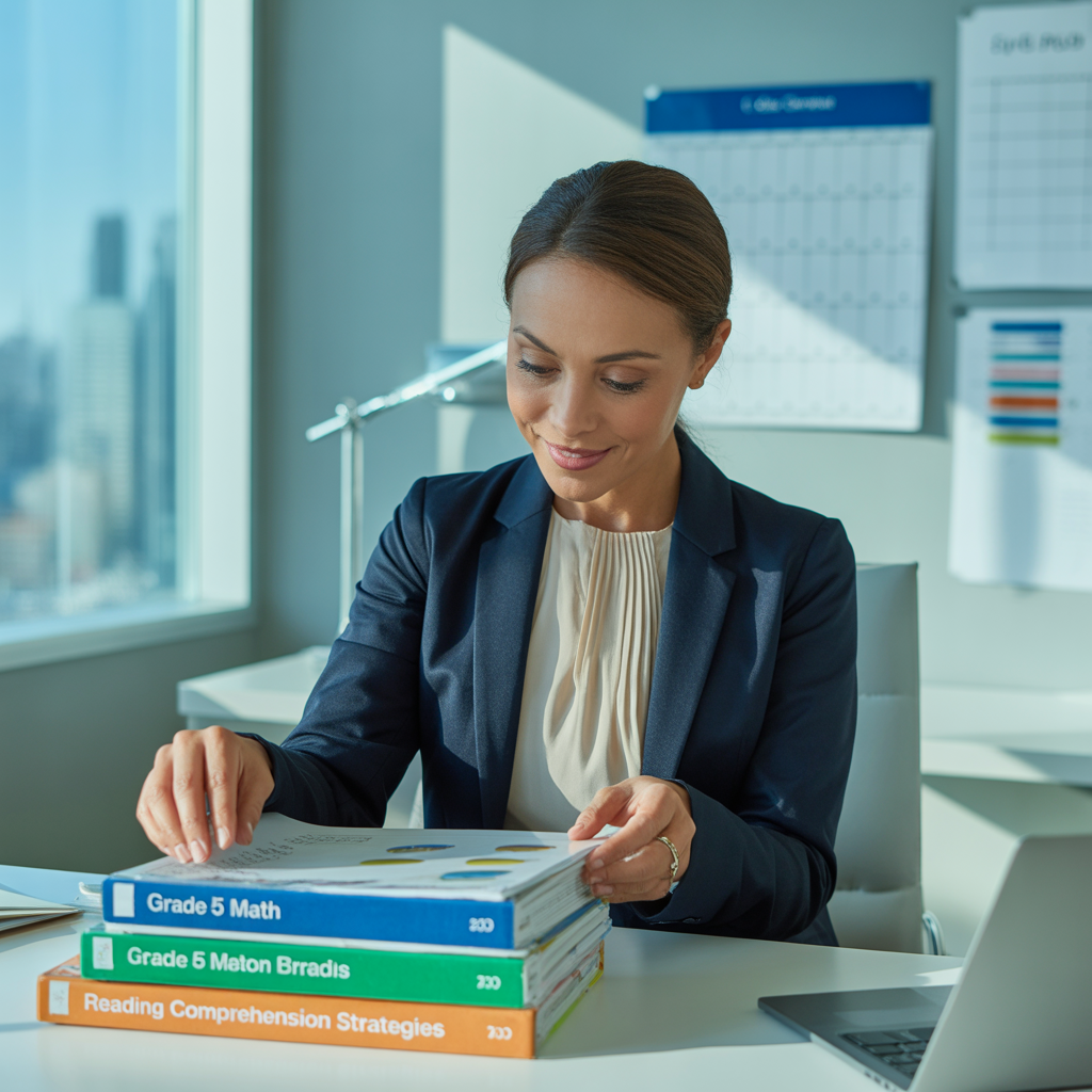 Educator in a modern office reviewing student workbooks and reports, with Grade 5 math and reading comprehension materials on the desk.