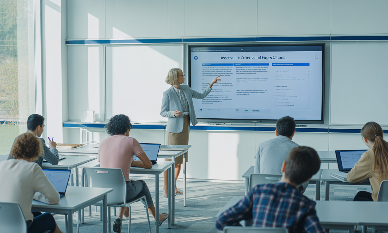 Teacher presenting assessment criteria and expectations on a large screen to students using laptops in a modern classroom.