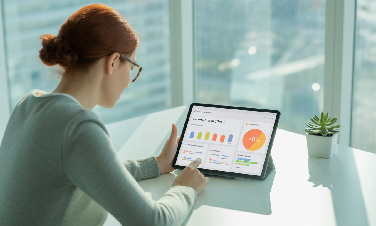 Educator analyzing student performance data on a desktop screen with charts and graphs, holding a tablet in a modern office.