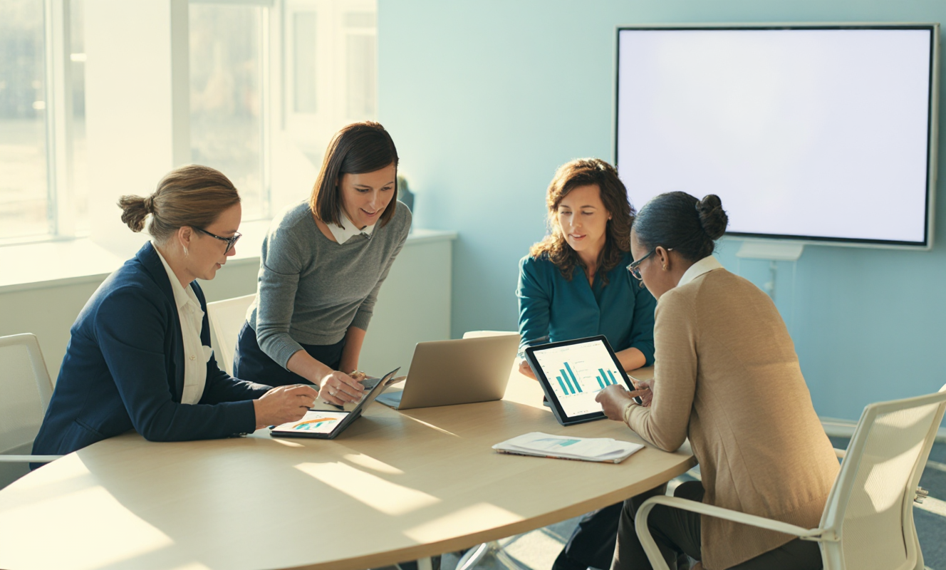 Group of educators collaborating around a table, reviewing student performance data on tablets and laptops in a meeting room.