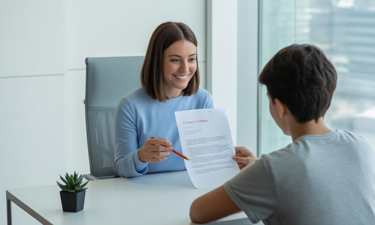 Teacher giving constructive feedback to a student during a one-on-one meeting, reviewing written notes together at a desk.