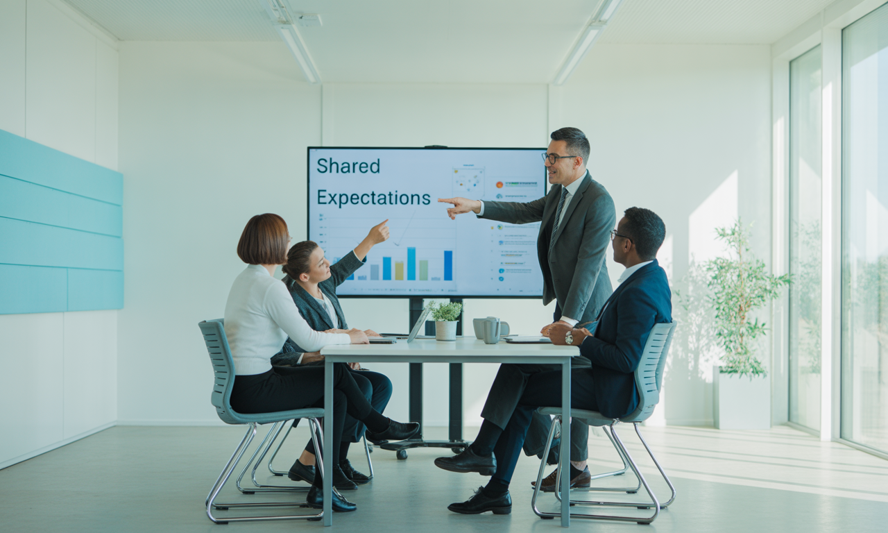 Institution meeting where educators review shared expectations and performance data on a presentation screen.