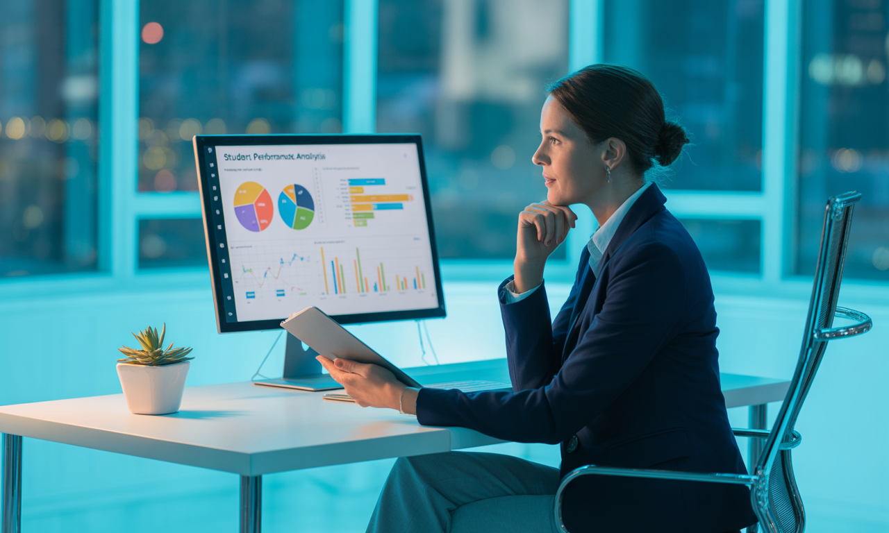 Educator analyzing student progress reports on a computer screen with charts and graphs, using a learning analytics dashboard to track academic performance and insights.