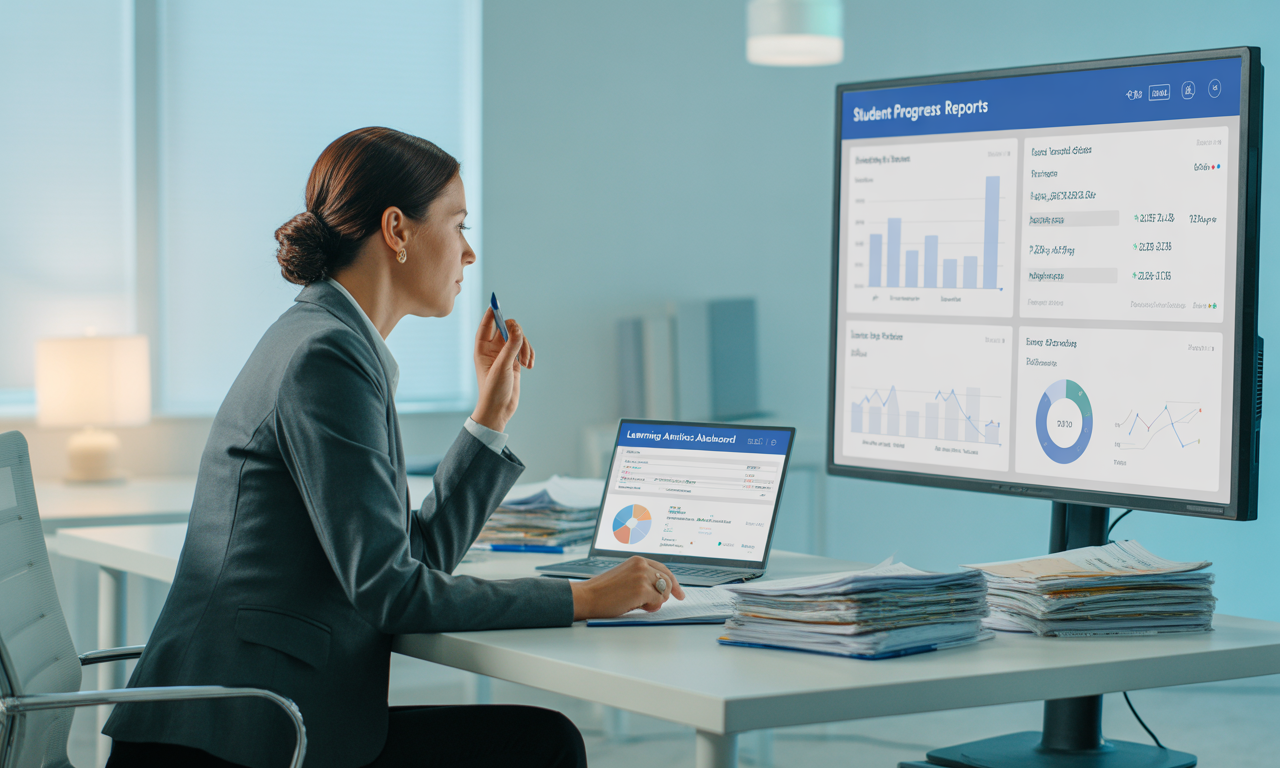 Educator reviewing student data charts and reports on a laptop in a modern office, with documents and analytics displayed on the desk.