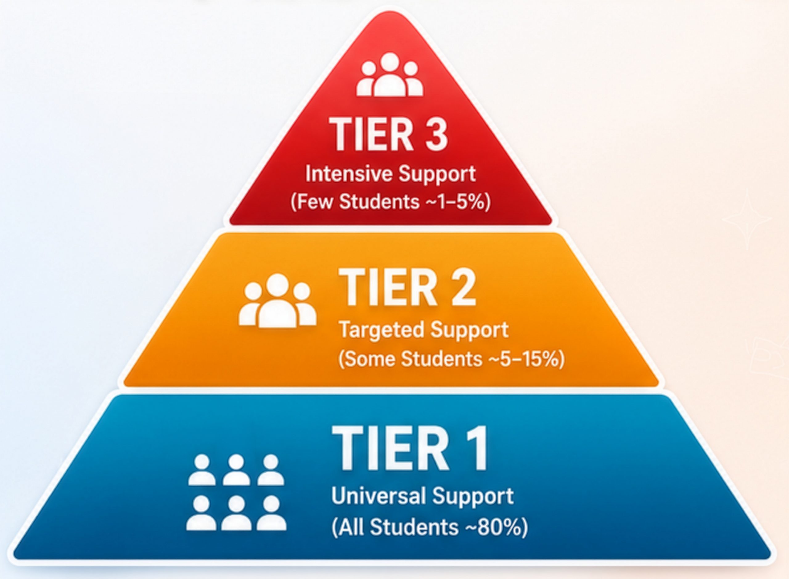 MTSS pyramid model showing Tier 1 universal supports as a wide base, Tier 2 targeted interventions in the middle, and Tier 3 intensive interventions at the narrow top.