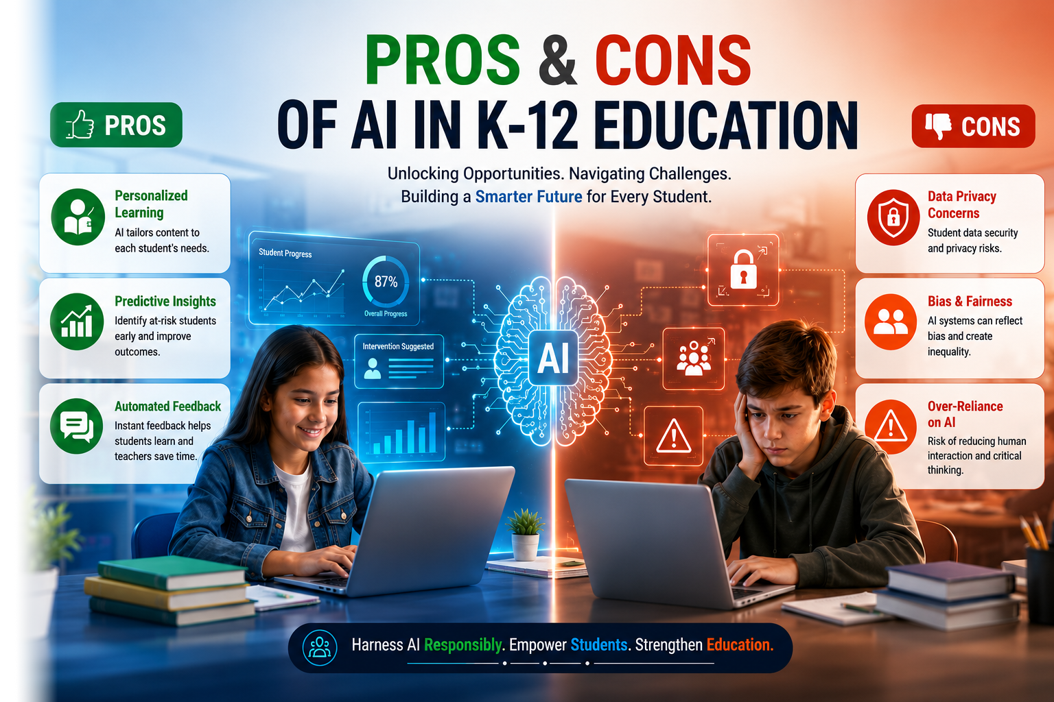 Pros and cons of AI in K-12 education showing benefits like personalized learning and risks such as data privacy and bias